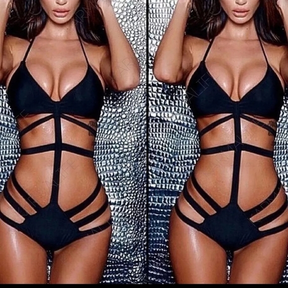 Black strappy bathing suit monkini - Picture 1 of 8